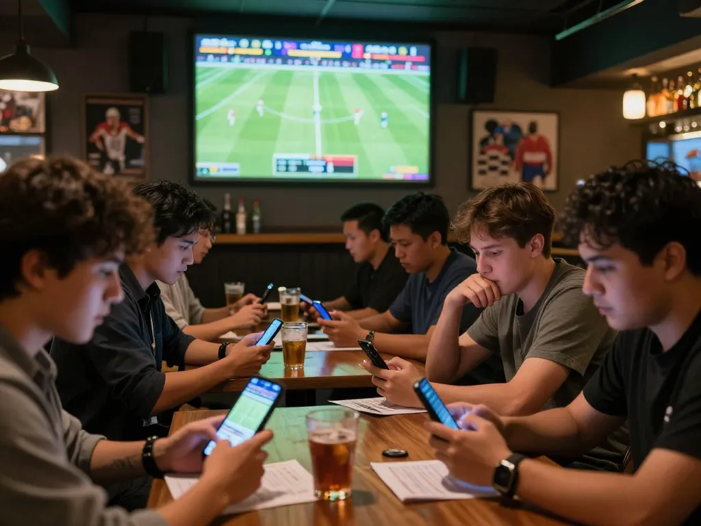 Excited patrons engaging in Pasaran bola Golbos betting during live football matches at the sports bar