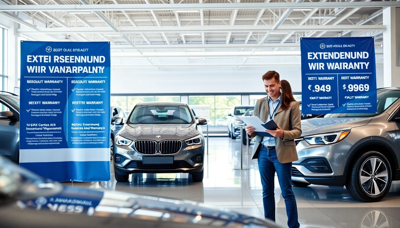 Engaging image showcasing extended auto warranty plans with a customer and representative in a modern car dealership.