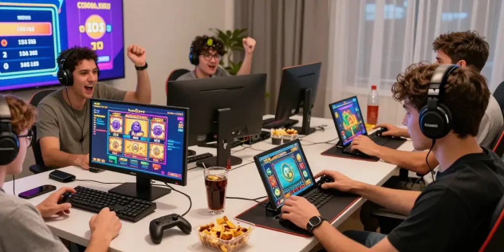 Game slot menarik dengan pemain bersenang-senang menggunakan slot di perangkat mobile.