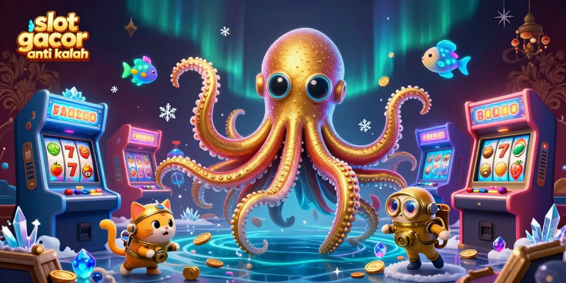 Experience slot gacor anti kalah with the kraken and diving cat in this vibrant casino-themed illustration.