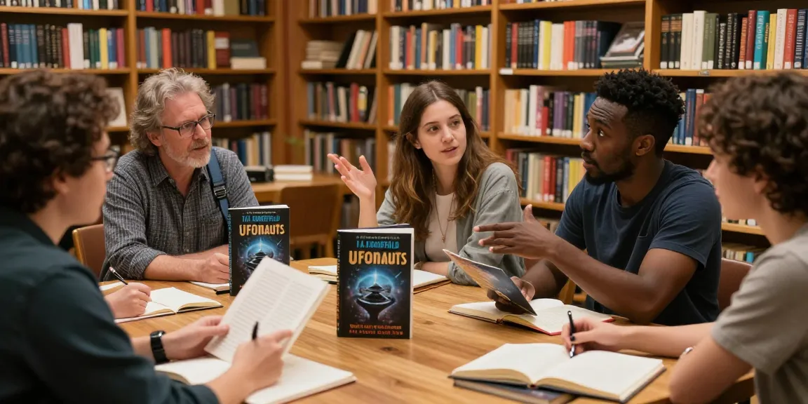 Engaging discussion on T Allen Greenfield's UFOnauts at https://tallengreenfield.com in a cozy library setting.
