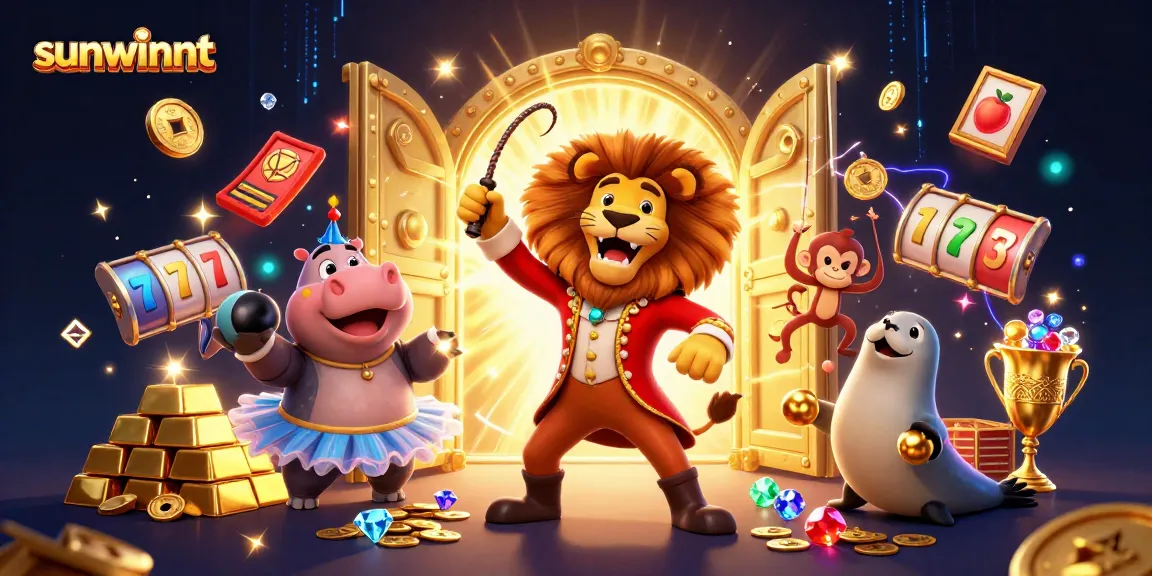 Engage with thrilling slot action at sunwinnt featuring vibrant 3D circus characters and casino symbols.