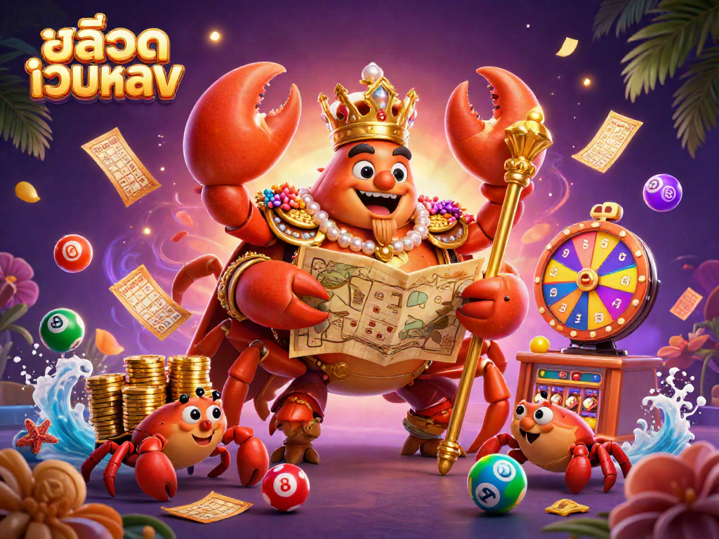 Engage with สล็อตเว็บตรง as treasure-filled crab emperor and colorful lottery elements create a vibrant casino scene.