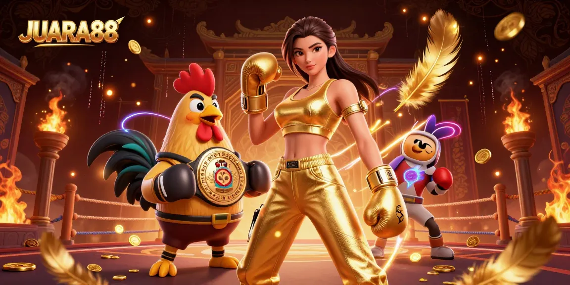 JUARA88 showcases a boxing-themed casino scene with a powerful woman and a championship rooster.