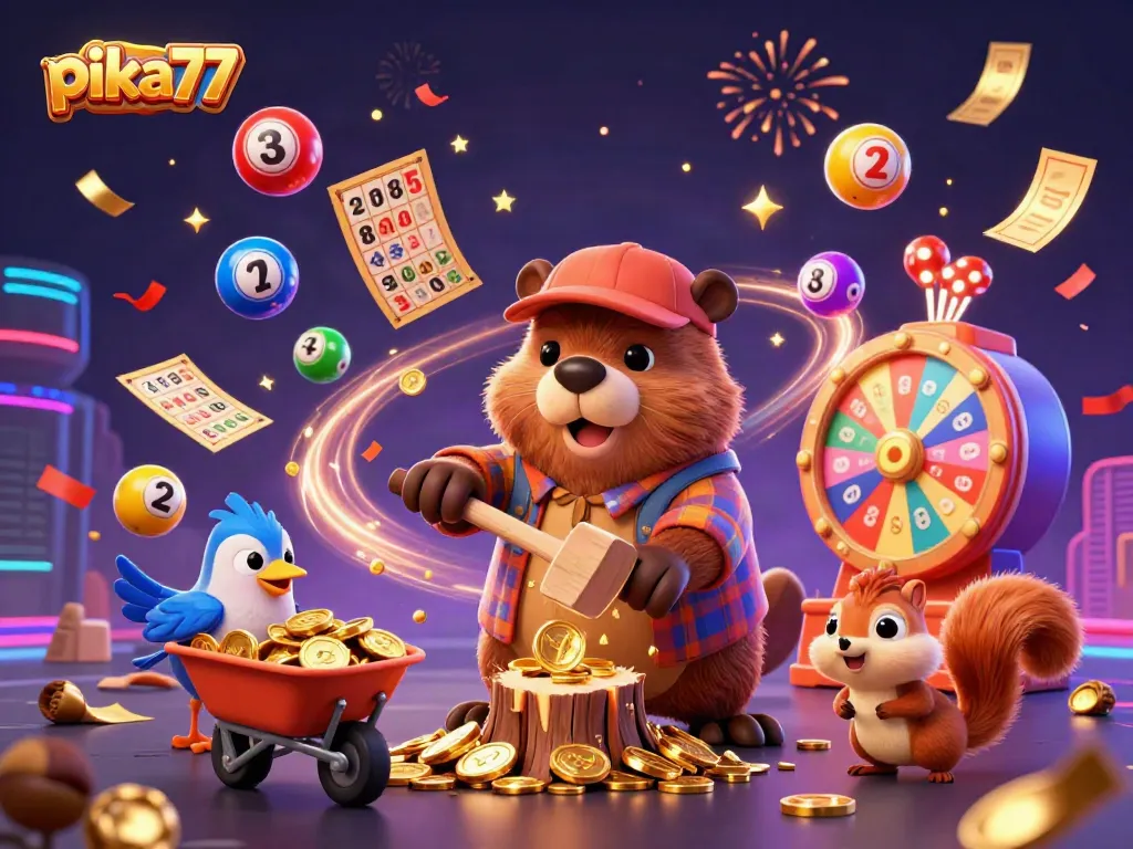Pika77's vibrant 3D illustration showcases a gambling-themed scene with cartoon characters winning coins.