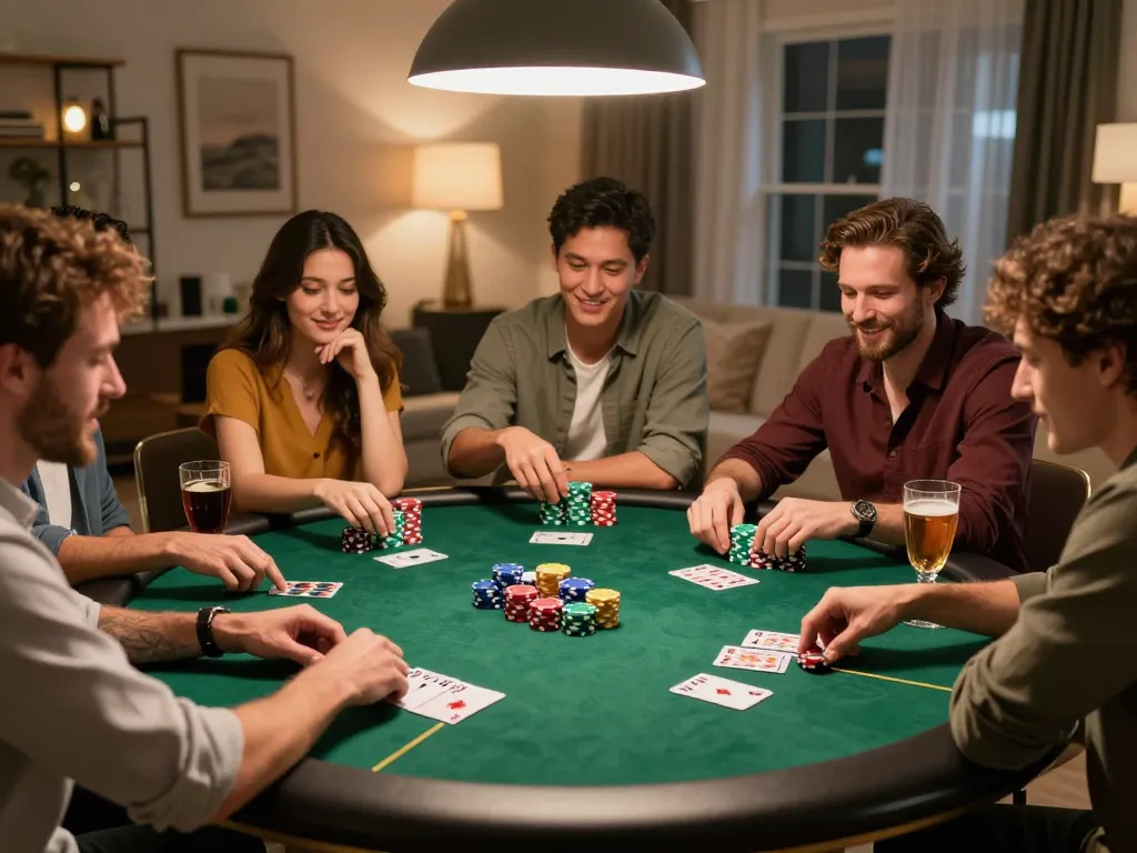 Players engaging in a friendly poker game in a home setting, highlighting casino non aams legali in a social environment.