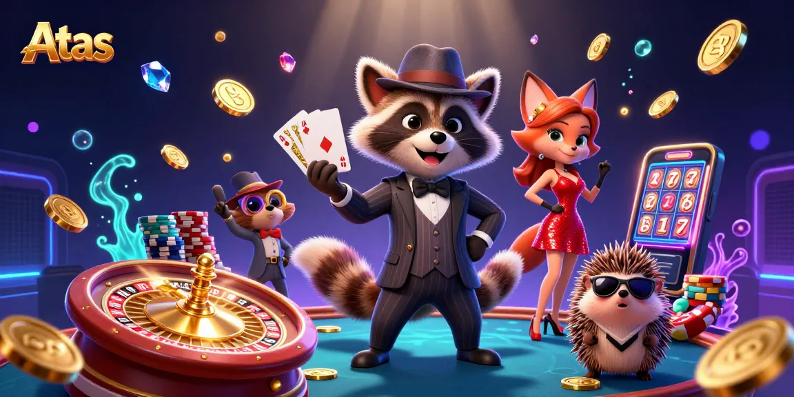 Experience thrilling gaming at Atas Casino with a lively raccoon, fox, and hedgehog amidst golden coins.