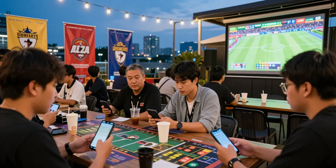 Social gathering discussing 토토사이트 with mobiles and screens displaying odds.