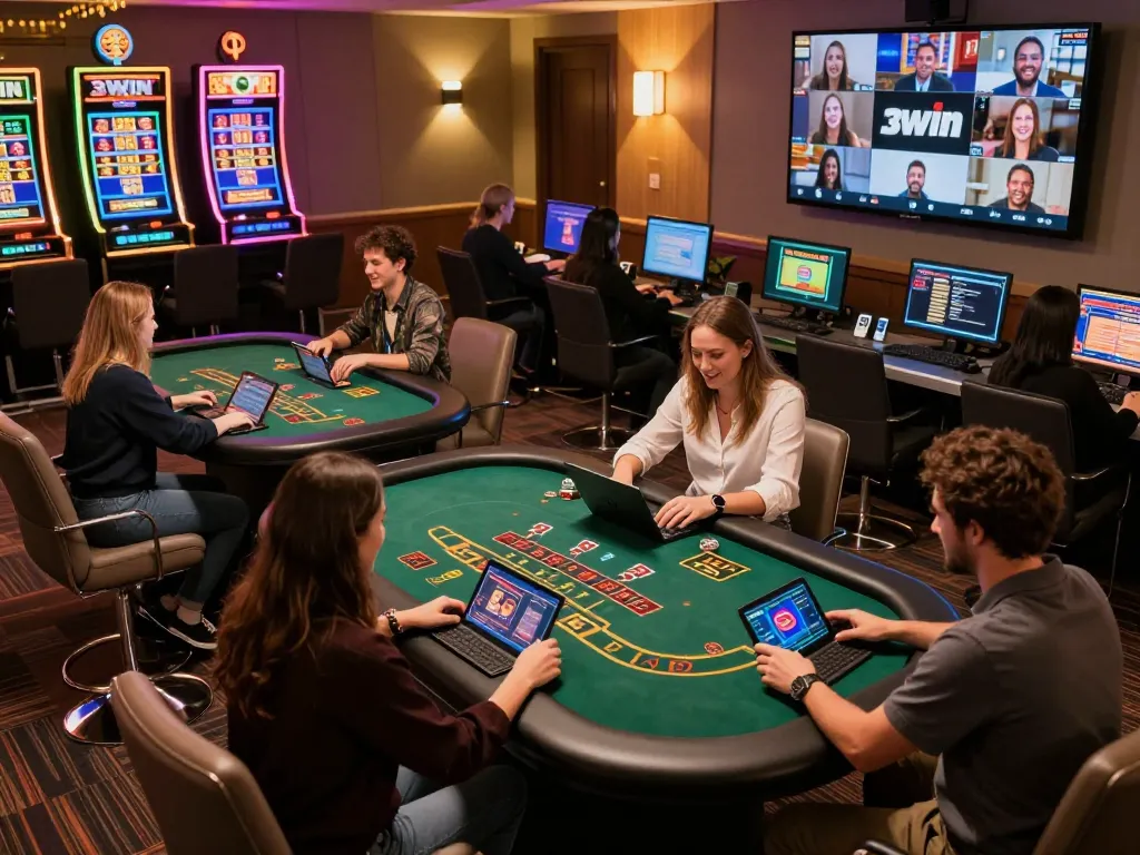 Players enjoying engaging live dealer games at 3win online casino with vibrant atmosphere.