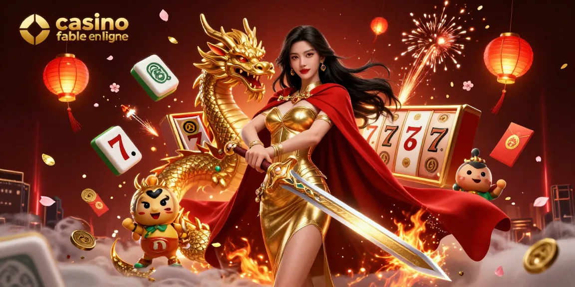 Jouez au casino fiable en ligne mettant en avant une majestueuse reine guerrière avec un dragon doré au milieu d'éléments de casino vibrants.