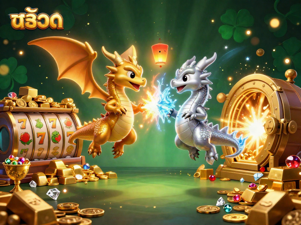 Win big with สล็อต featuring dynamic dragons and rich casino elements in this 3D illustration.