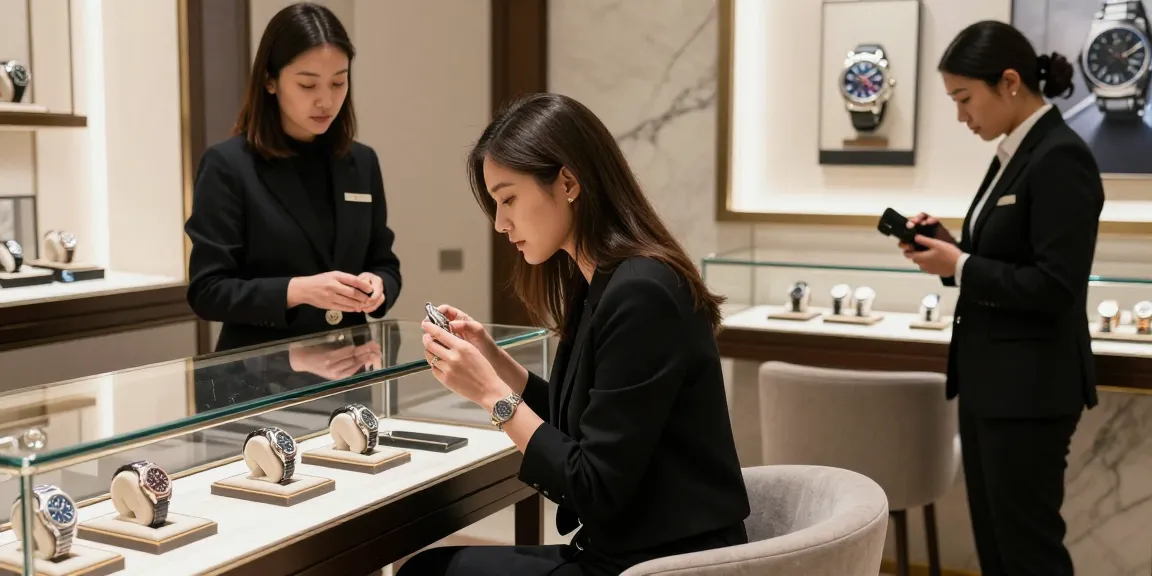 Customer examining a premium replica watch in a luxury boutique setting