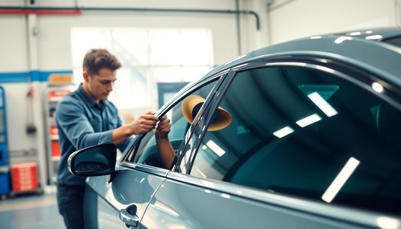 Enhance your vehicle's look with auto window tint near me, featuring expert technicians at work.