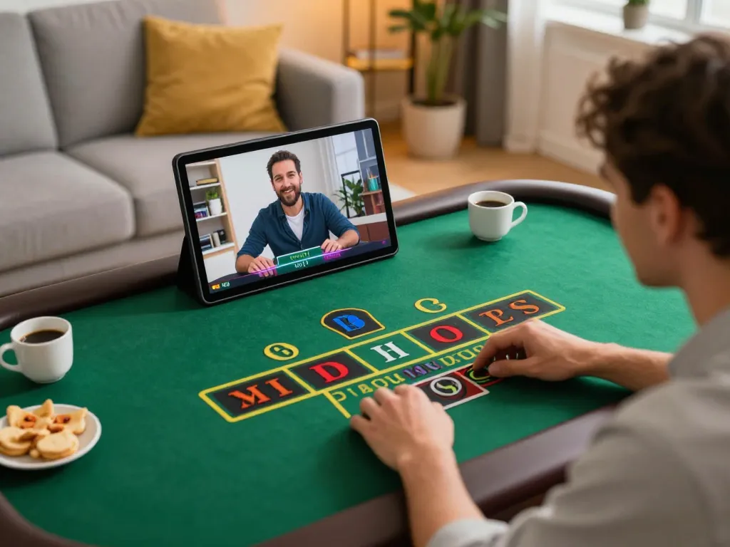 Player engaging with AE888 live dealer baccarat game on a modern tablet in a cozy home setting