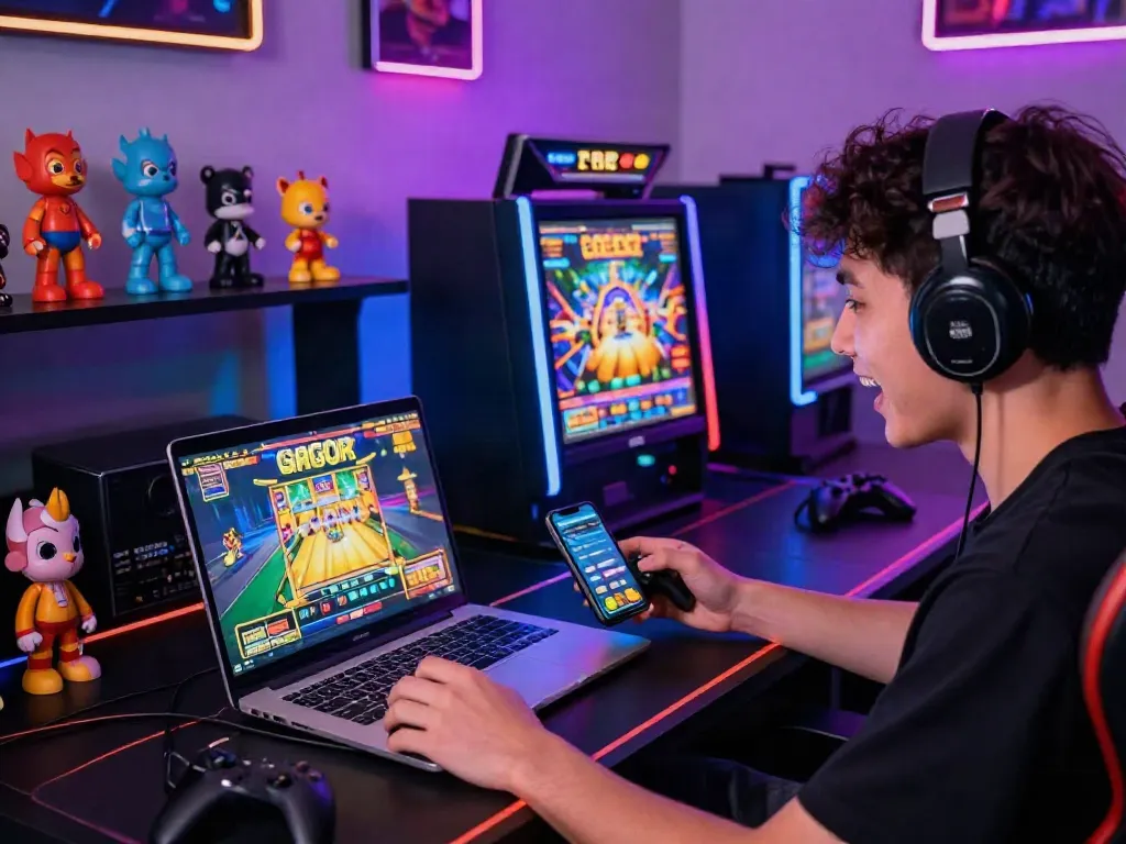Player enjoying slot online gacor games on a vibrant gaming setup with colorful lights and modern technology.