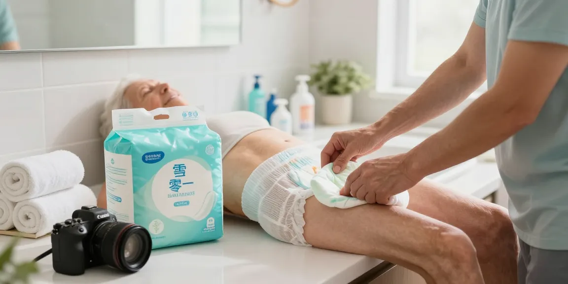 Caregiver changing 加零一紙尿片 in a warm, inviting bathroom setting, highlighting comfort and dignity.
