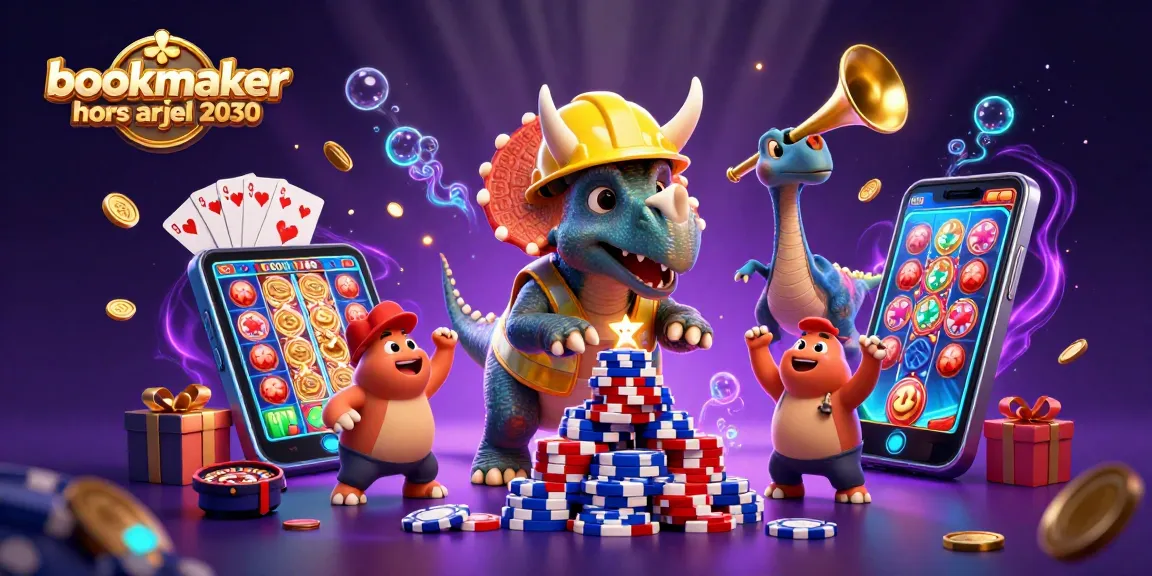 Parier sur un bookmaker hors ARJEL 2030 avec un triceratops construisant une pyramide de jetons de poker.