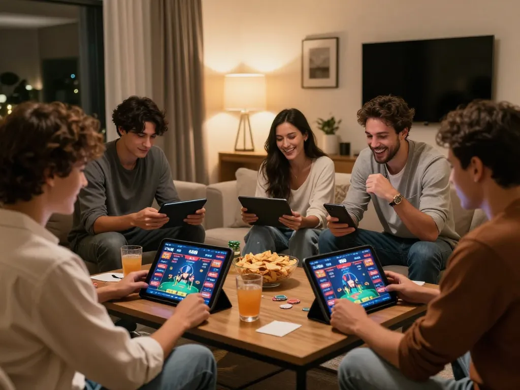 Friends enjoying online poker on f168 app during cozy home game night with snacks and drinks