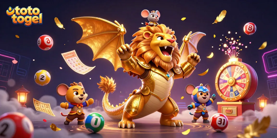 Engage with toto togel's vibrant lottery action, featuring a golden armored chimera and exciting game elements.