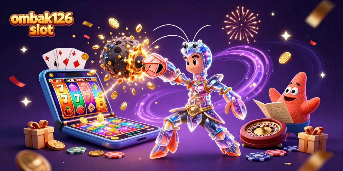 Win big with ombak126 slot while exploring cosmic treasures and spinning reels in a vibrant illustration.