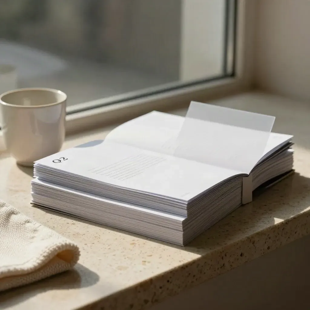 Unbranded report folios beside a ceramic cup and knit cloth on travertine