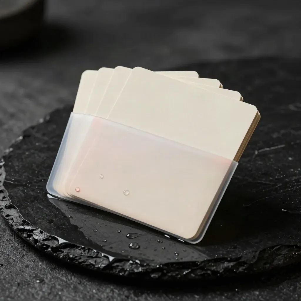 Wet stone product shot of a hook kit with fanned blank cards and a frosted sleeve.