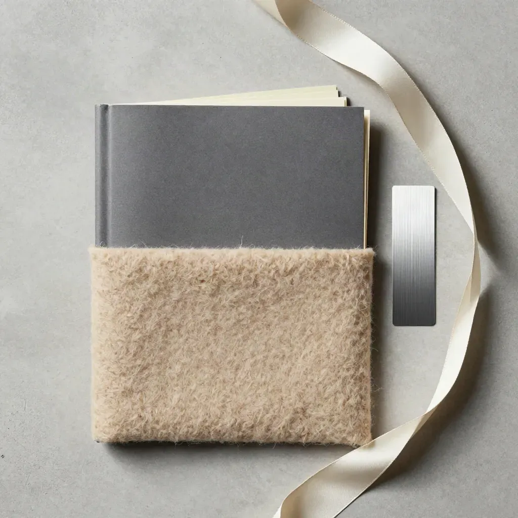 Overhead folder half-buried in wool with swatch strip, ribbon edge and concrete slab.