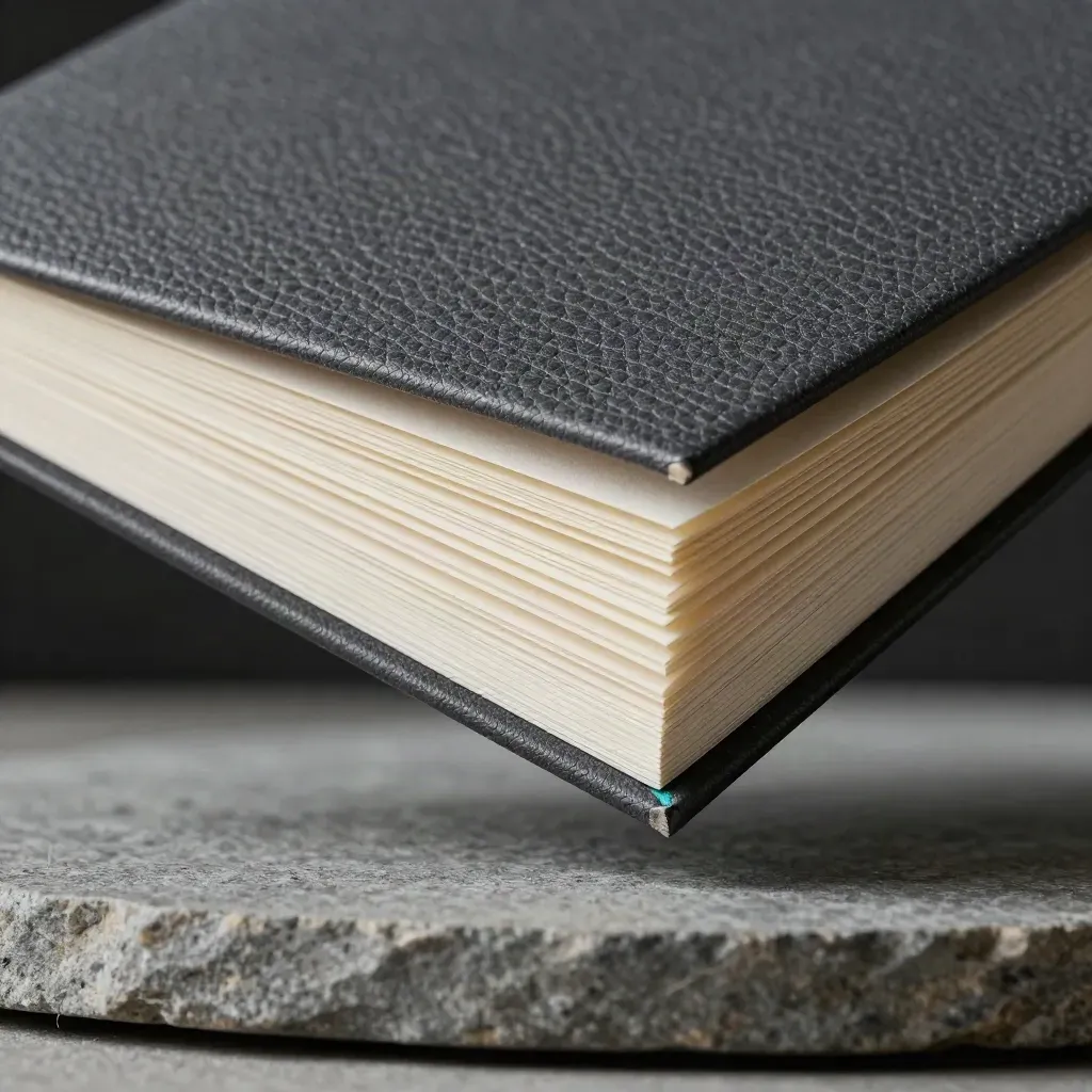 Macro of a charcoal audit folio hovering above stone, with ivory pages and a teal edge glow.