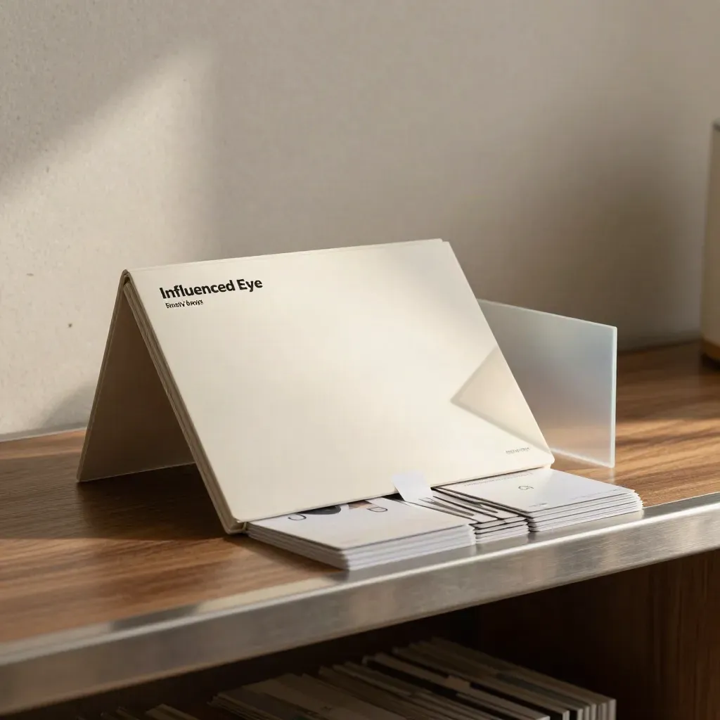 Ivory slide pack tipping on a brushed-metal ledge with layered proof cards in soft haze.