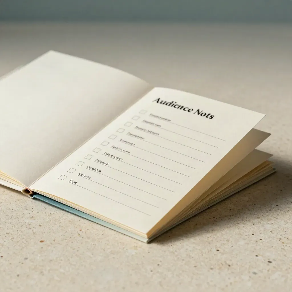Open checklist booklet with tabs and a loose card on travertine, softly lit studio product hero.