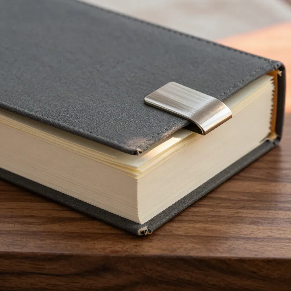 Graphite notes notebook with memo cards and metal clip on walnut, softly lit with warm bloom.