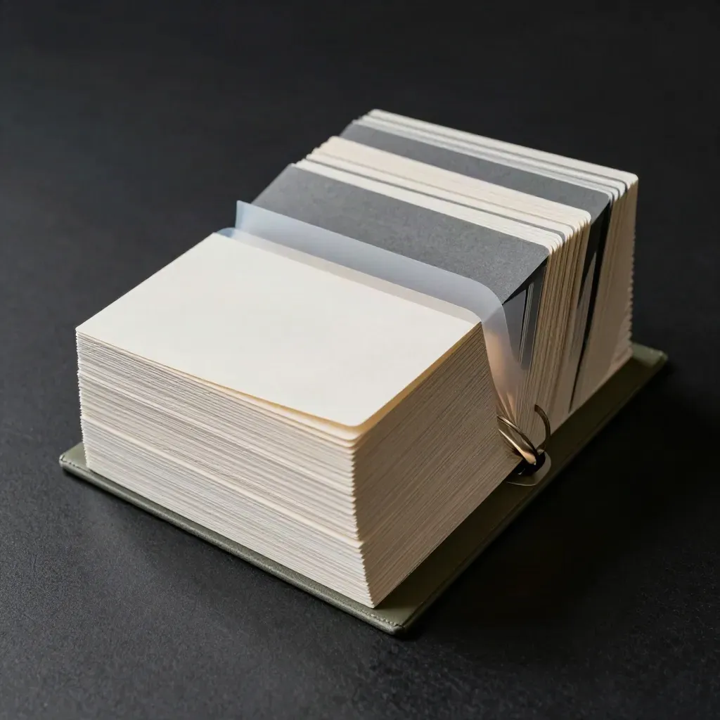 Dark trend watch kit with arcing cards, frosted sleeve and binder ring on a glossy black tray.
