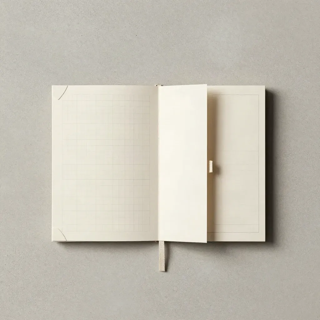 Overhead flatlay of a launch map folio, ribbon marker and timeline card on pale concrete.