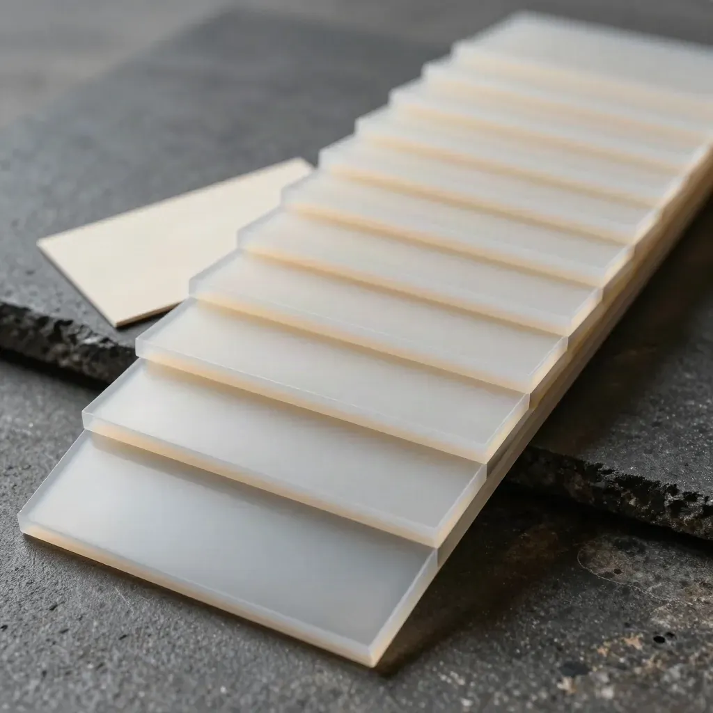 Stepped frosted preset tiles on dark stone with one ivory spacer card.