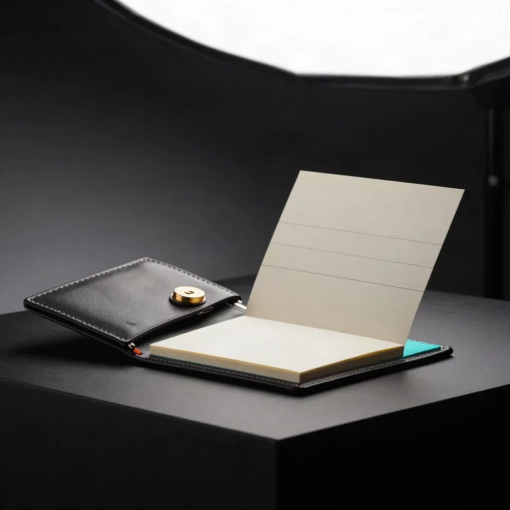 Half-opening brand partner pitch folio with brass clip and cards on a dark studio plinth.