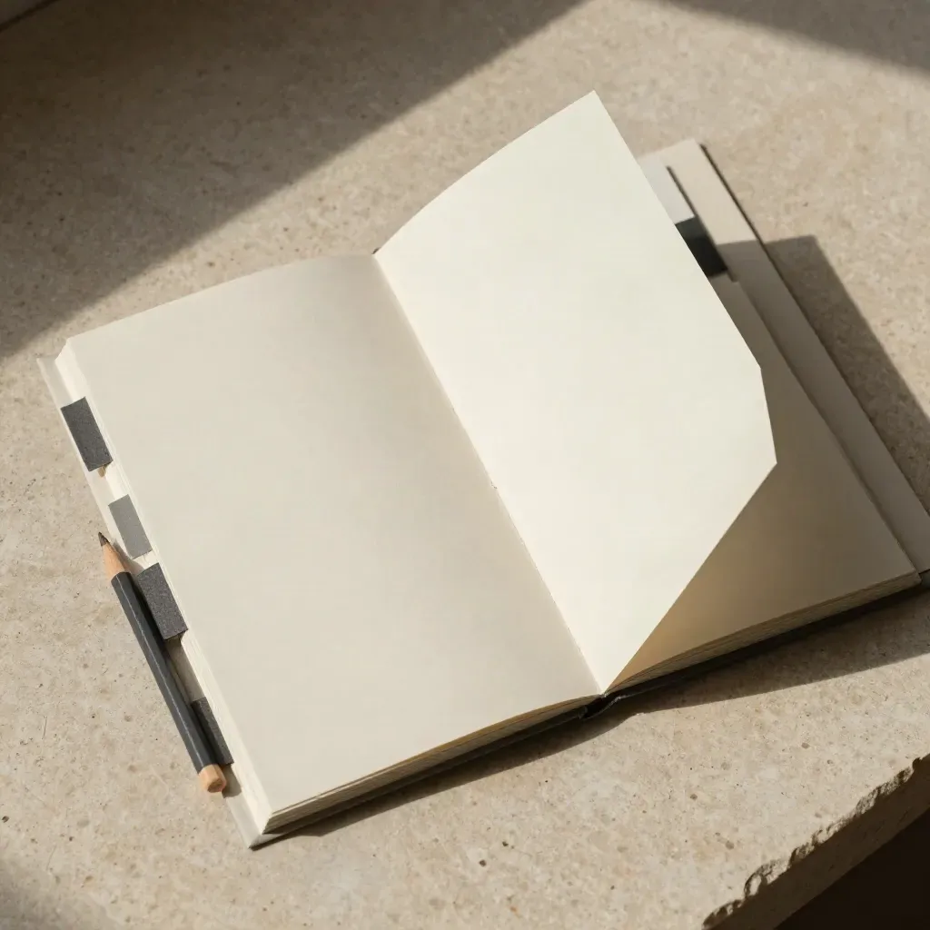 Overhead flatlay of a reply guide booklet with tabs, curling page, and graphite pencil stub on stone.