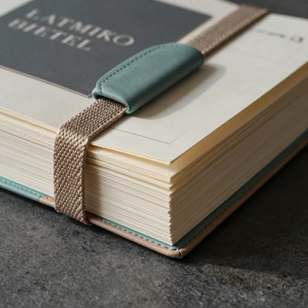 Macro of a thick planner folio closing over schedule cards with a muted teal cloth marker.