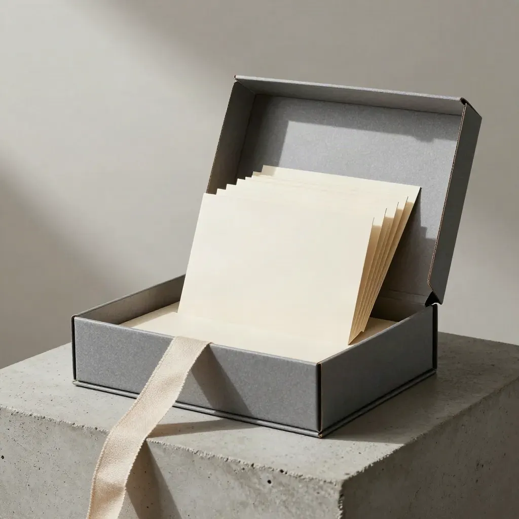 Open creator brief kit box with ivory inserts, linen ribbon, and fanned sleeve on concrete pedestal.