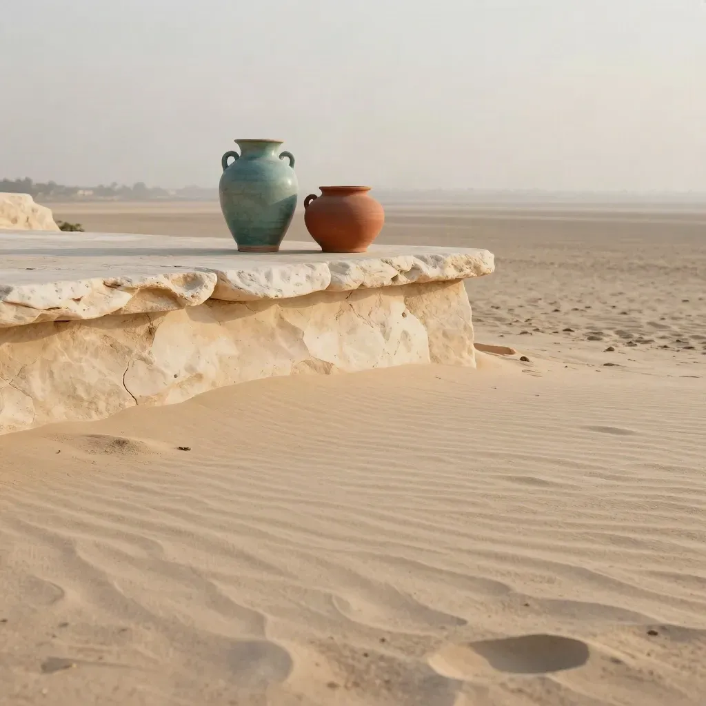 Golden sandstone terrace with a muted teal vessel and calm hazy horizon for copy.