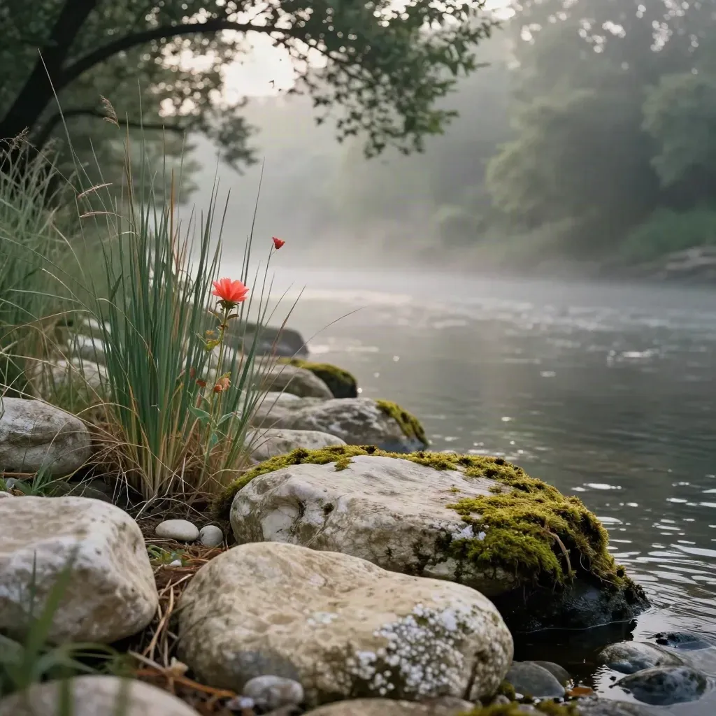 Mossy riverbank with reeds and pale stones beneath a misty canopy opening.
