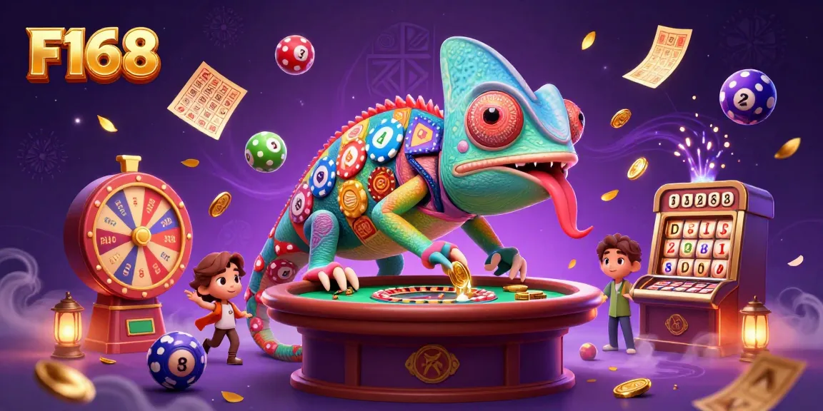 Experience the vibrant world of F168 with a colorful casino scene featuring animated characters and game elements.
