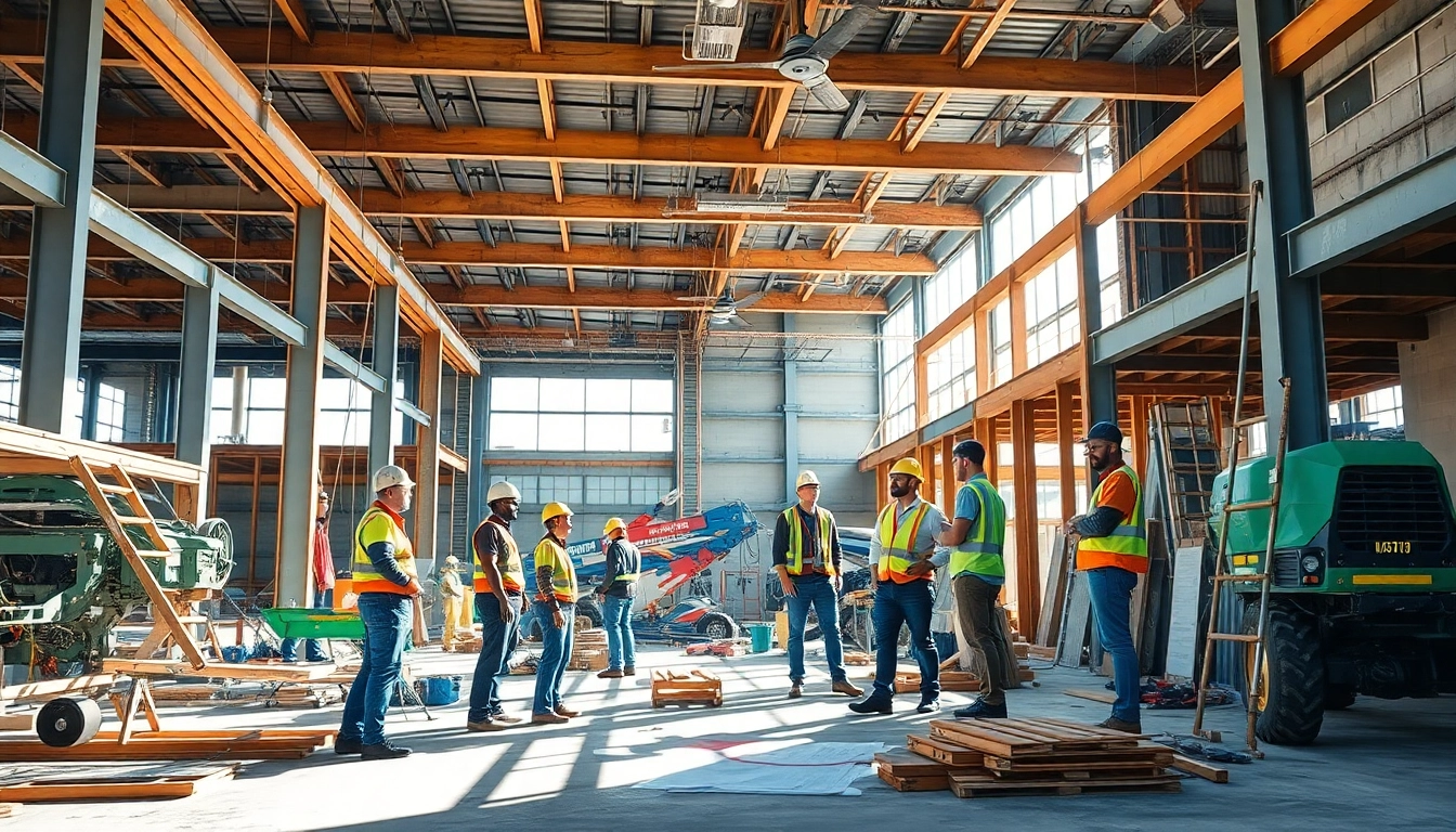 Austin construction workers collaborating on a modern building site under bright natural light.