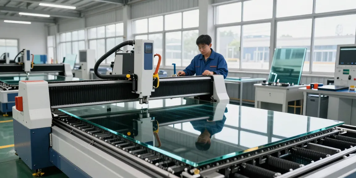 Technician operating a cutting machine glass in a modern industrial setting.