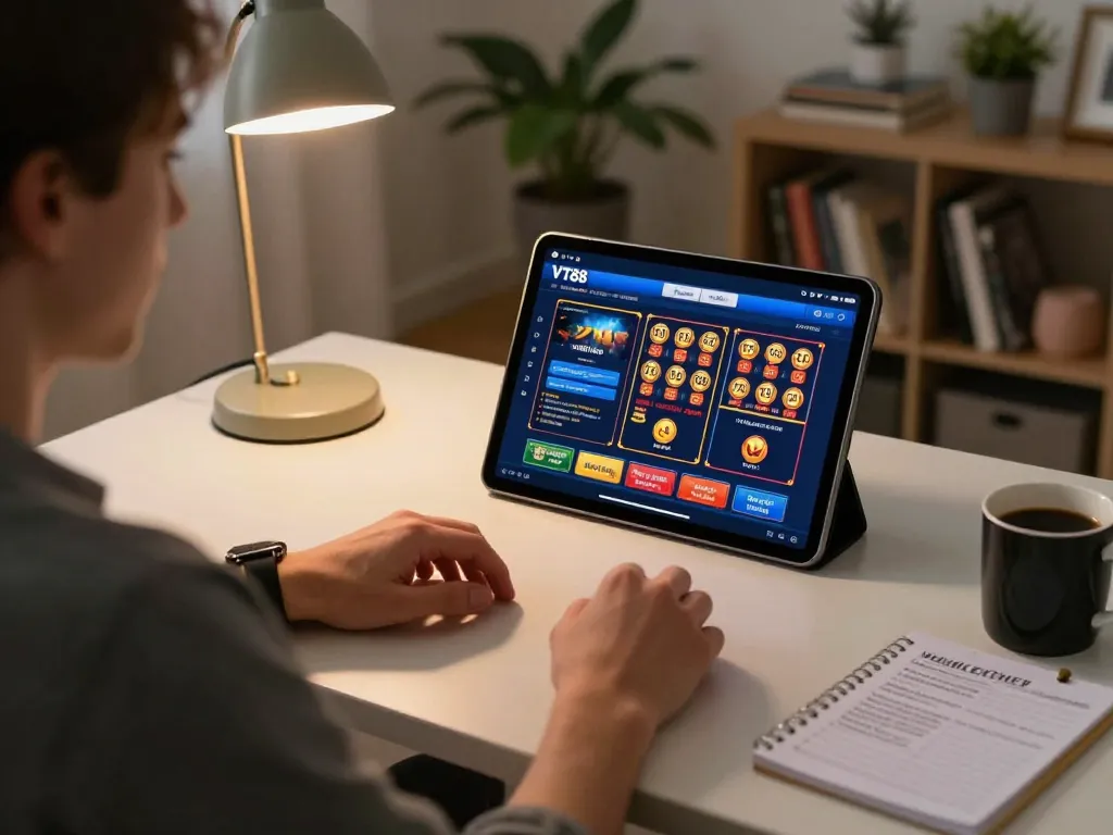 Engaging online gaming session on VT88 with tablet displaying slots and live dealer options