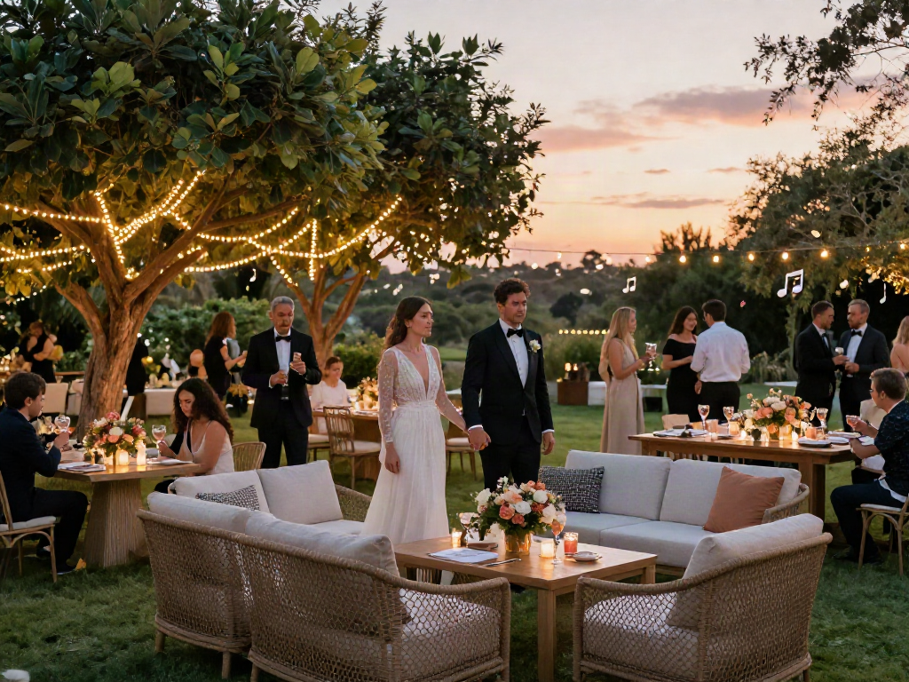 Event furniture rental enhancing a beautiful outdoor wedding setup with elegant lounge furniture and floral decor.