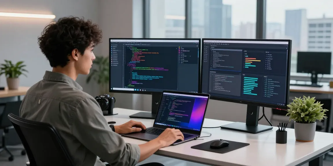 waygrid software engineer managing APIs at a modern workspace with dual monitors and code analytics