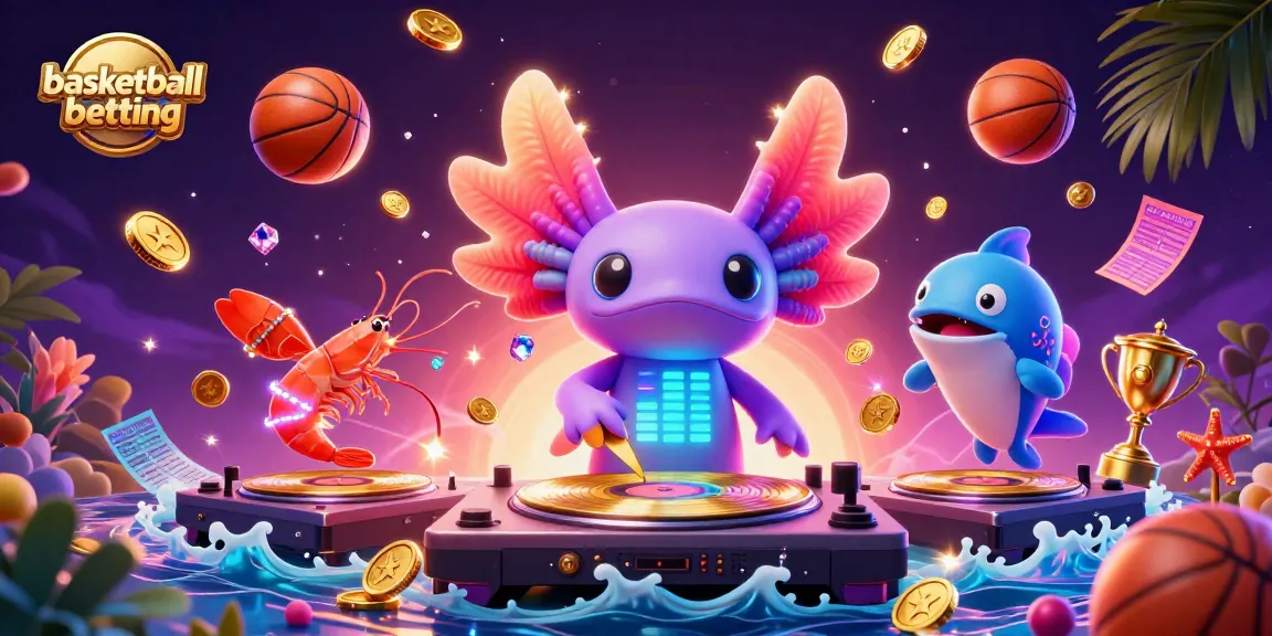 Experience the excitement of basketball betting with a neon-lit underwater scene of a DJ axolotl and lively sea creatures.