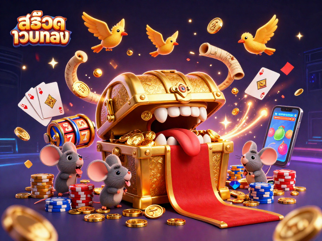 Engage in สล็อตเว็บตรง action with a vibrant 3D illustration showcasing treasure chests and jackpot slots.