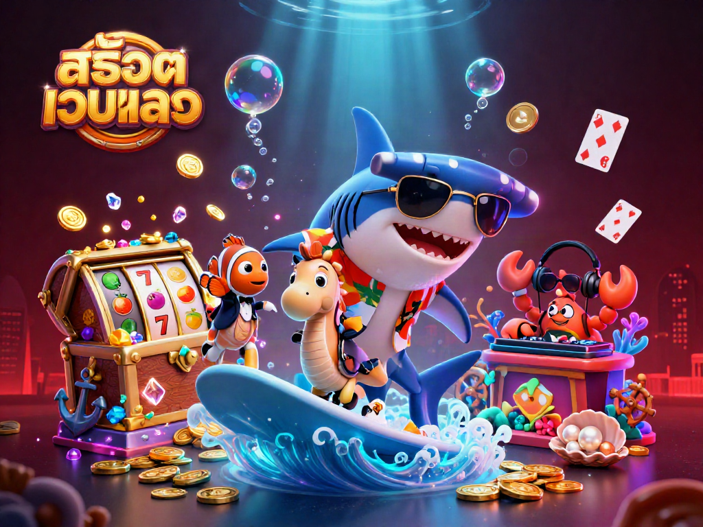 Play สล็อตเว็บตรง while enjoying a vibrant underwater casino scene featuring a hammer-head shark, clownfish, and crab DJ.