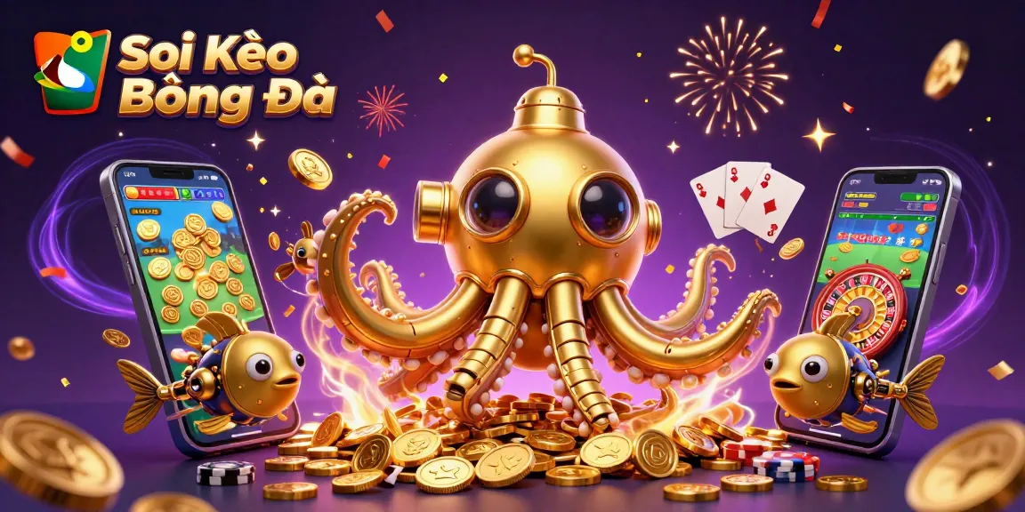 Soi Kèo Bóng Đá illustration showcasing a golden kraken amidst sports betting elements and vibrant party effects.